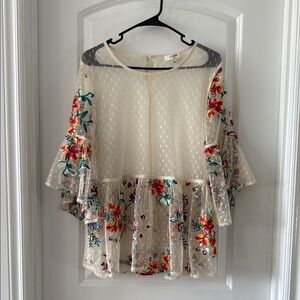 Boho Floral Embroidered Sheer Cream Top